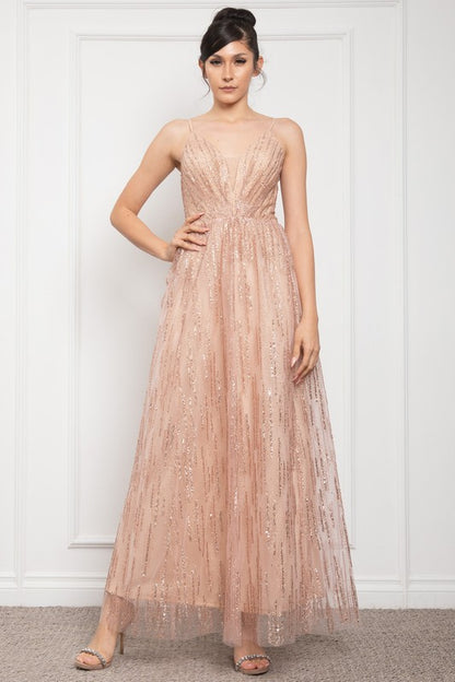 DEEP V NECK SPAGHETTI STRAP SEQUINED MAXI COCKTAIL DRESS