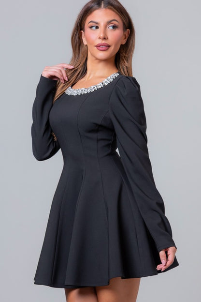 JEWELED ROUND NECK MINI DRESS