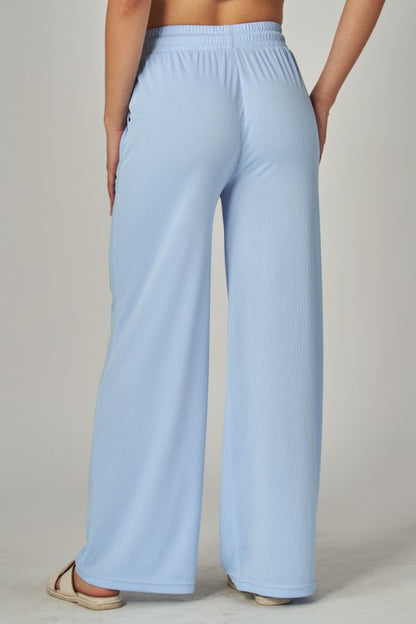 STRETCHY RIBBED DRAWSTRING POCKET WIDE LEG PANTS