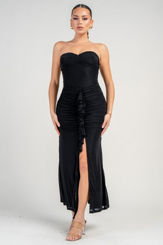 STRAPLESS RUCHED MIDI PARTY DRESS