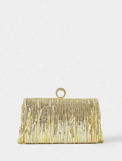ELGANT RHINESTONE DRAWSTRING SEQUIN BOX-SHAPED EVENING CLUTCH