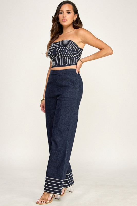 ROPE DETAIL DENIM TUBE TOP WITH PANT SET