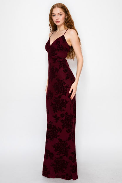 VELOUR FLORAL MERMAID MAXI PARTY DRESS