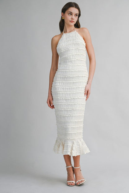 SMOCKED TIERED HALTER BODICE MIDI DRESS