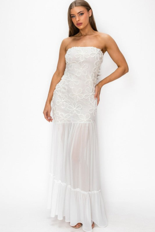 3D FLORAL LACE TUBE MESH DROPPED MAXI DRESS