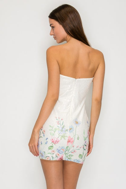 BEADED FLORAL HEM MINI PARTY DRESS