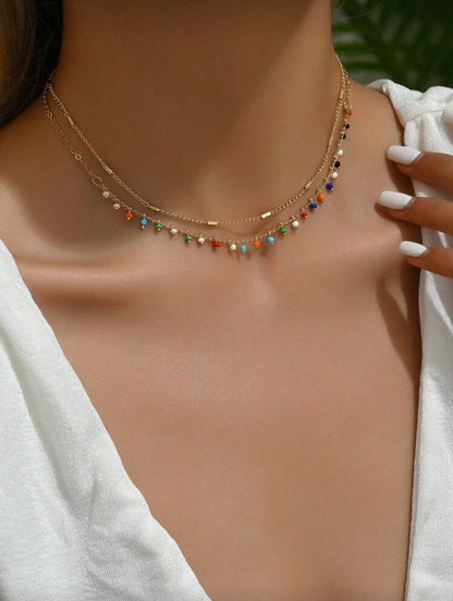 GOLD PLATED COLORFUL BEADED DOUBLE LAYERED NECKLACE
