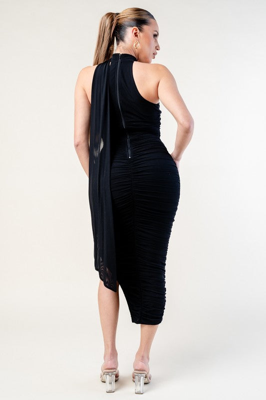 LUXE MESH ASYMMETRIC BACK DRAPED RUCHED MIDI DRESS