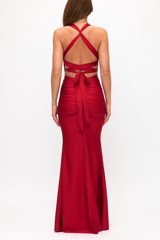 RUCHED TWIST LACE UP MERMAID MAXI COCKTAIL DRESS