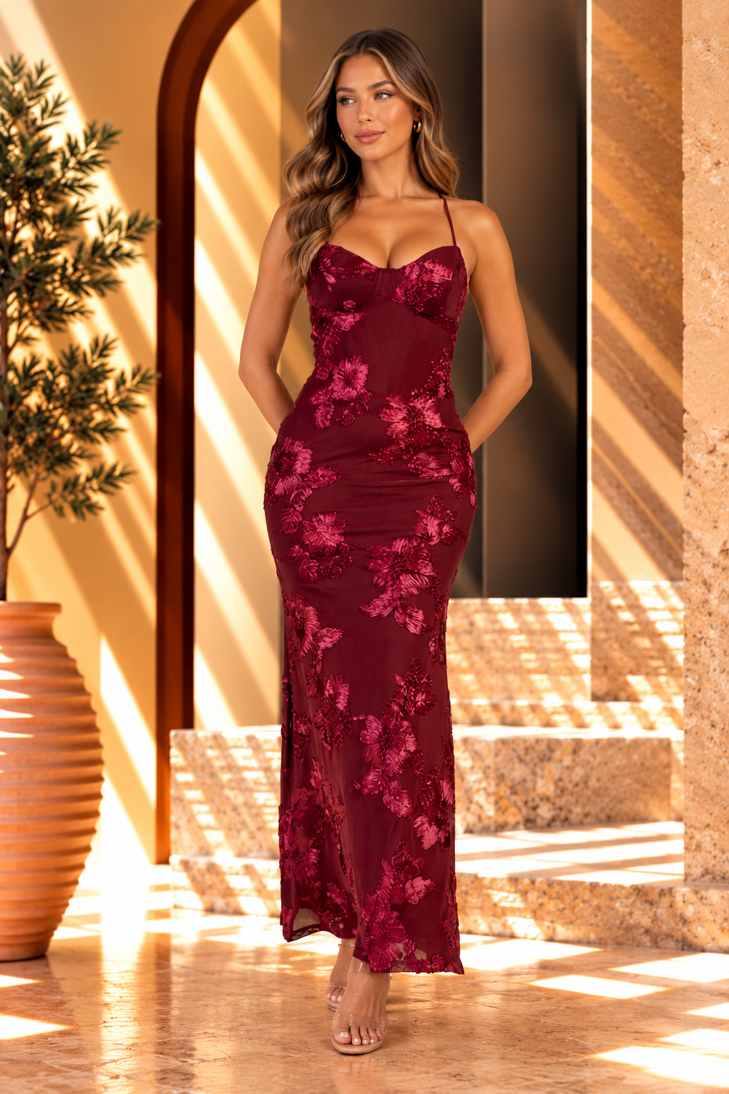 3D FLORAL LACE UP BACK MAXI DRESS