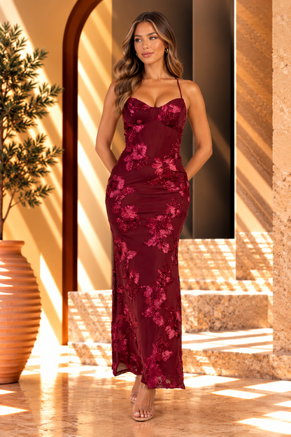 3D FLORAL LACE UP BACK MAXI DRESS