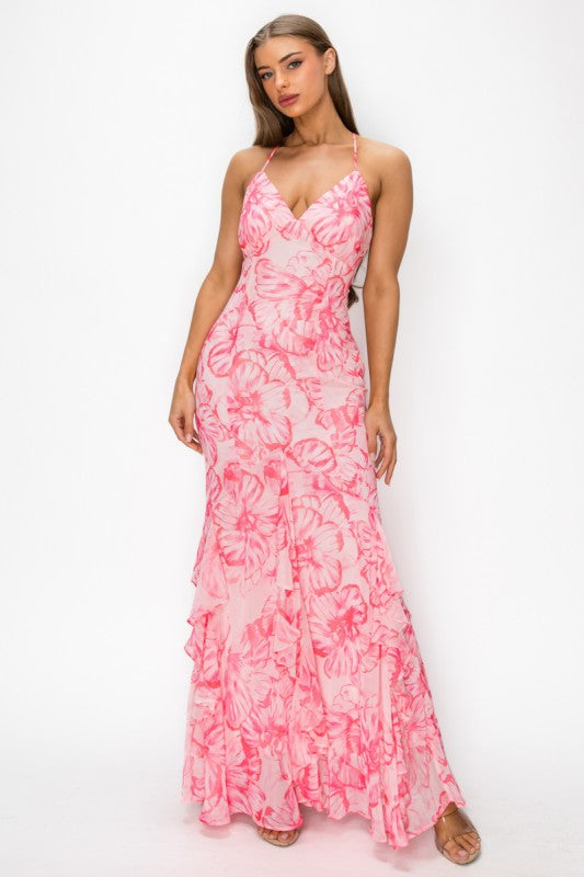 FLORAL HALTER PRINTED MAXI DRESS WITH OPEN BACK