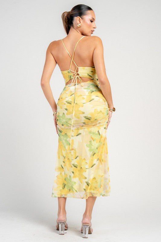 FLORAL MESH PRINT SPAGHETTI STRAP MIDI DRESS