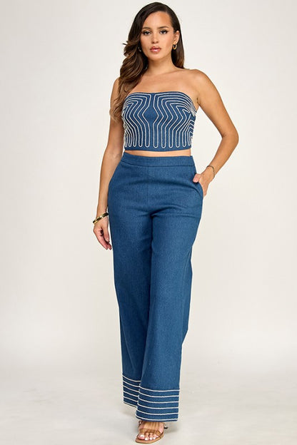 ROPE DETAIL DENIM TUBE TOP WITH PANT SET