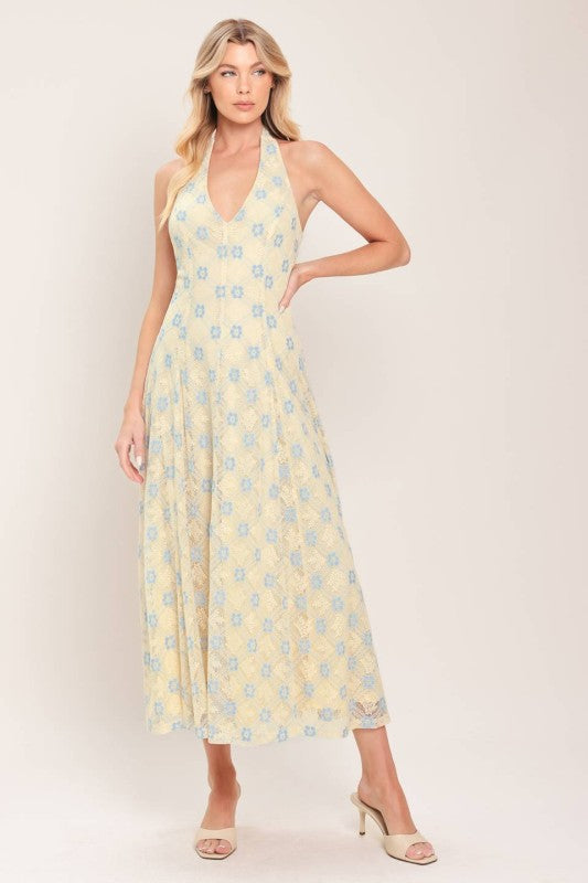 WOVEN LACE PRINTED MIDI SUMMER DRESS