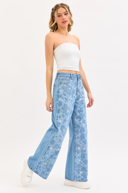 HIGH RKSE FLORAL WIDE LEG WITH RHINESTONE