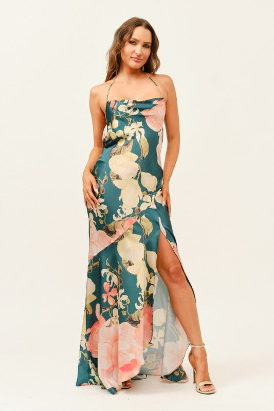 FLORAL SATIN HALTER MAXI DRESS