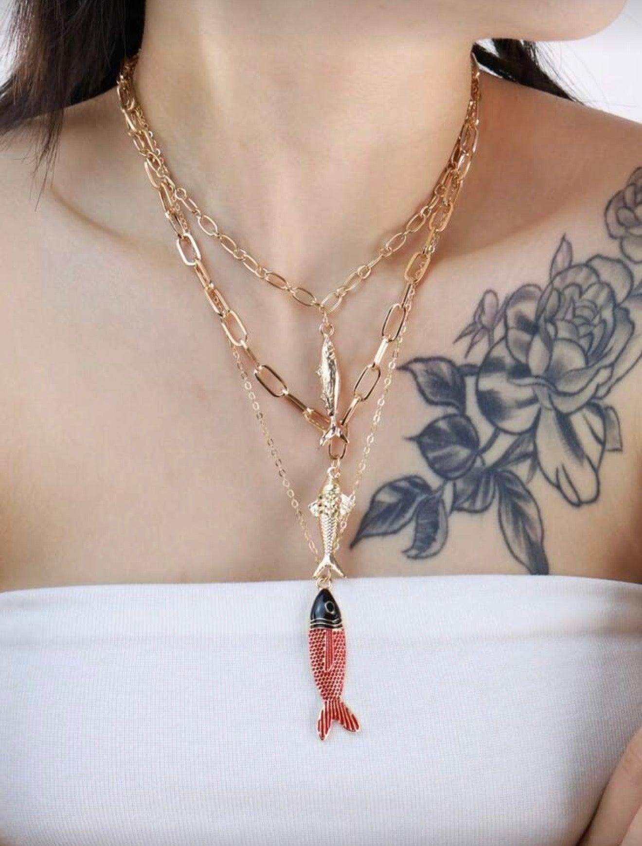 3 PCS VINTAGE FISH PENDANT GOLD NECKLACES