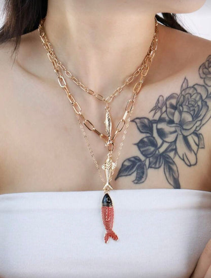 3 PCS VINTAGE FISH PENDANT GOLD NECKLACES