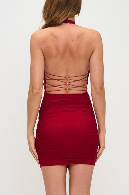 HALTER DRAPE RUCHED MINI DRESS