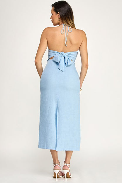 HALTER CROCHET DETAIL MIDI DRESS