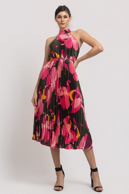 PRINTED PLEATED HALTER NECK MIDI DRESS