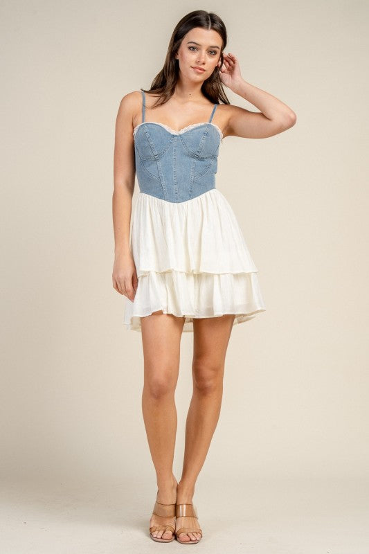 DENIM BUSTIER DRESS WITH CONTRAST TIERED SKIRT
