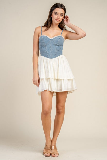 DENIM BUSTIER DRESS WITH CONTRAST TIERED SKIRT