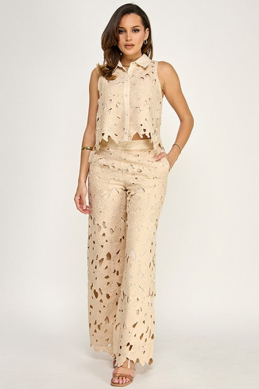 SLVLS CROCHET LACE BUTTON DOWN TOP W/PANTS SET
