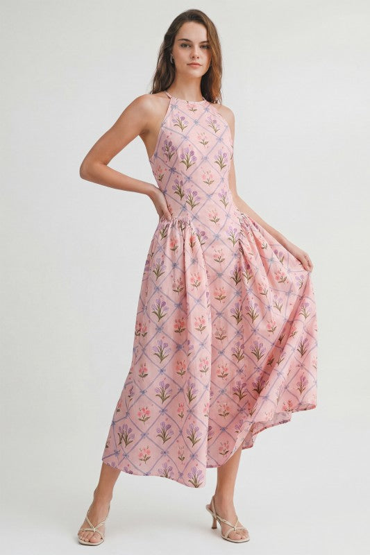 FLORAL JACQUARD HALTER MIDI DRESS