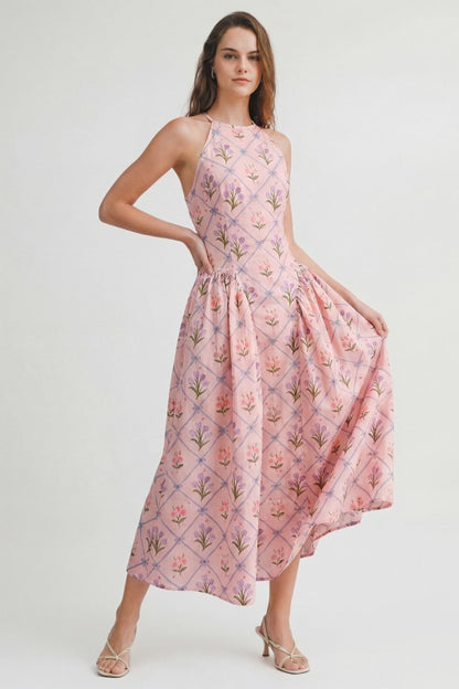 FLORAL JACQUARD HALTER MIDI DRESS