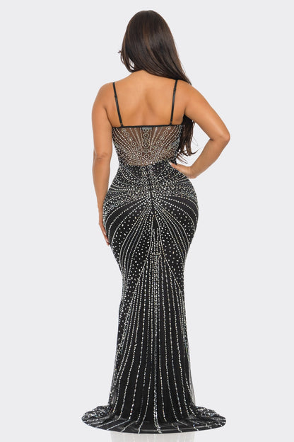 RHINESTONE EMBELLISHED MESH MAXI DRESS