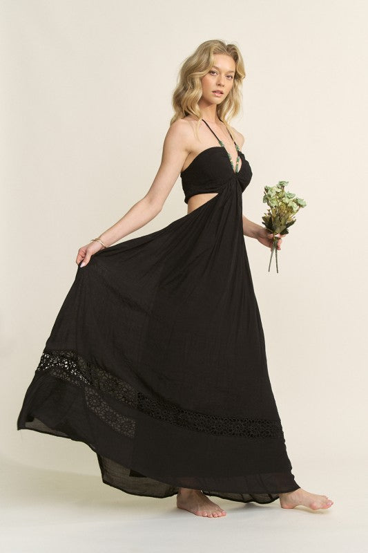 STONE BEAD HALTER STRAP CUTOUT MAXI DRESS