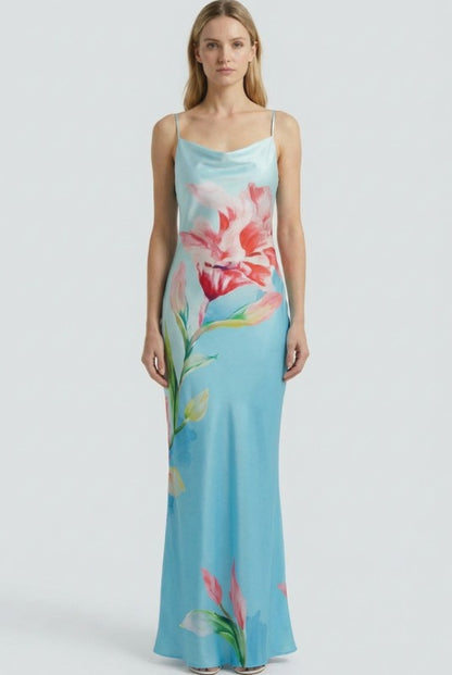 FLORAL PRINTED COWL NECK MAXI SATIN DRESS
