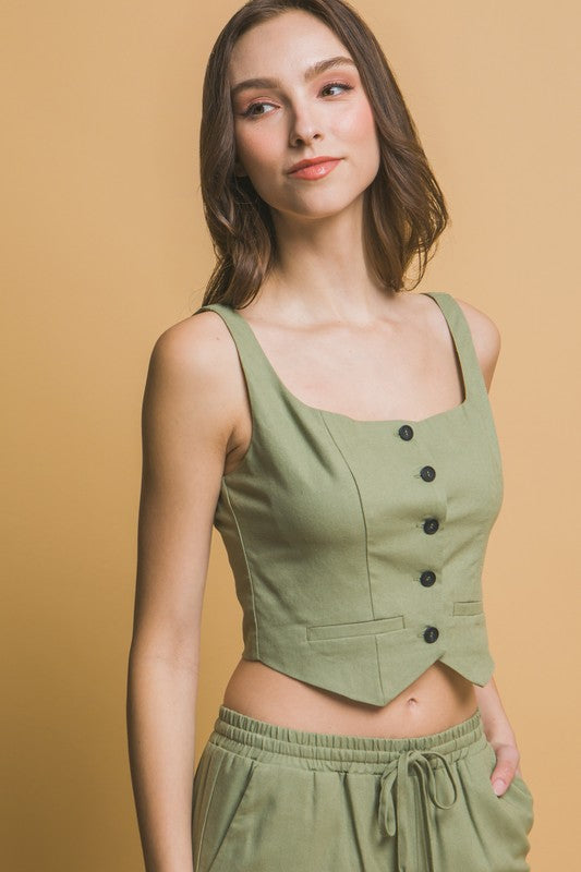 LINEN CROPPED BUTTON-FRONT TOP & PANTS SET
