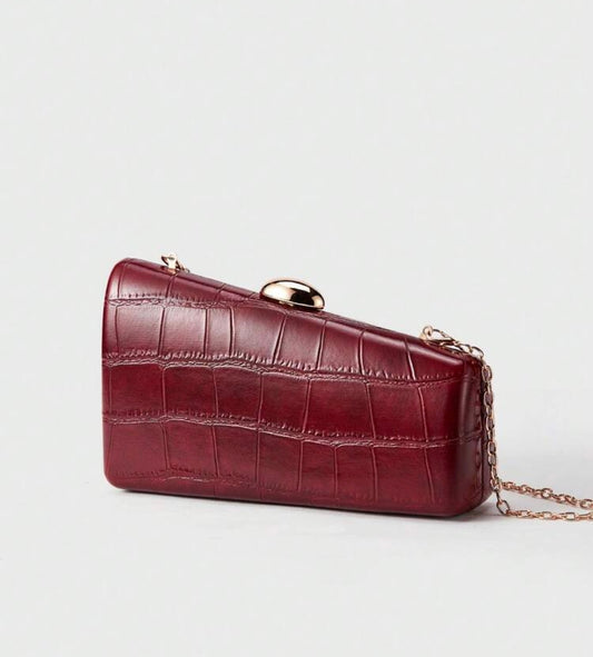 CROCODILE EMBOSSED CHAIN ASKED ASYMMETRIC EVENING CLUTCH BAG