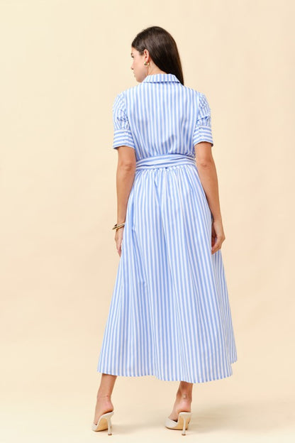 SHORT SLEEVES STRIPE BUTTON FRONT MIDI DRESS