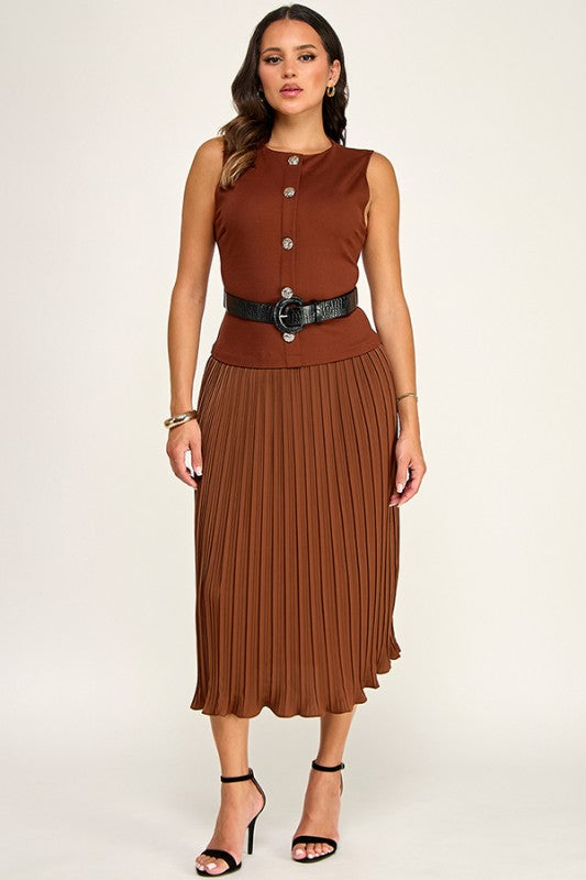SLVLS GOLD BUTTON DETAIL TOP W/ PLEATED SKIRT DRESS