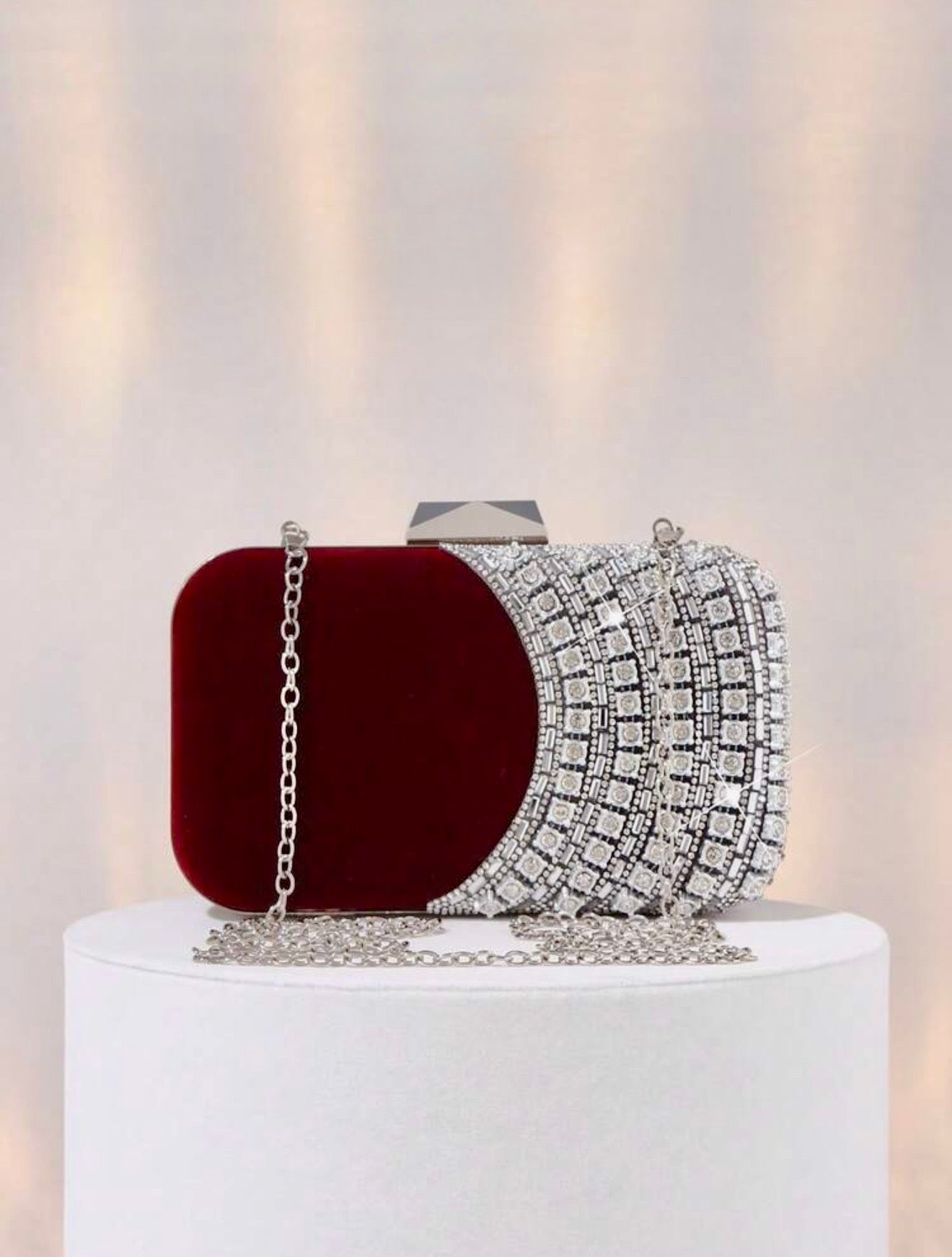 ELGANT VELVET DIAMOND SEQUIN BOX-SHAPED EVENING CLUTCH