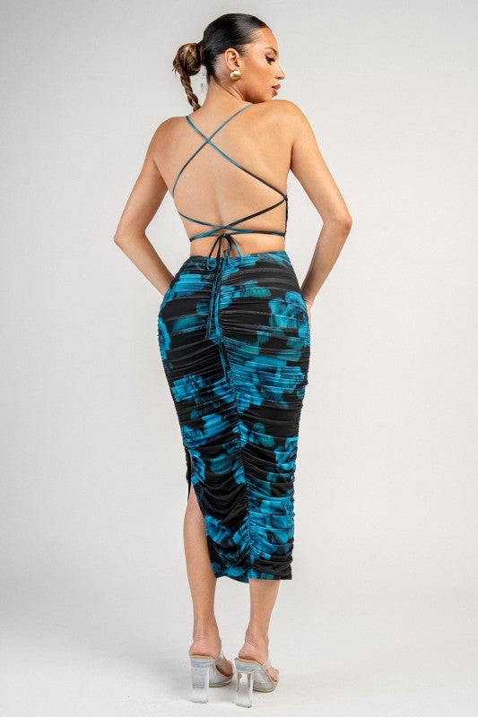 LACE UP BACK RUCHED MIDI DRESS