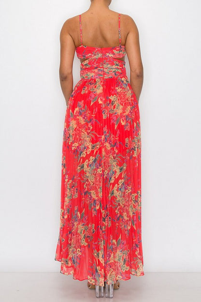 FLORAL PRINT SLEEVELESS PLEATED MAXI DRESSES