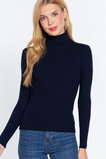 TURTLE NECK FITTED VISCOSE RIB SWEATER TOP