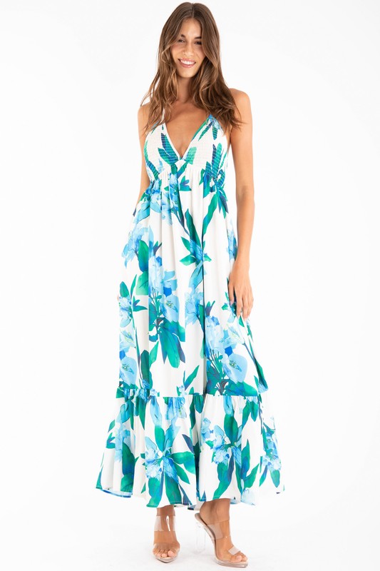 FLOWER PRINT HALTER NECK OPEN BACK TIE MIDI DRESS