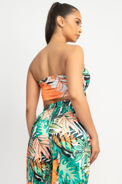 TROPICAL PRINTED KNOTTED TOP AND WIDE PANTS SET