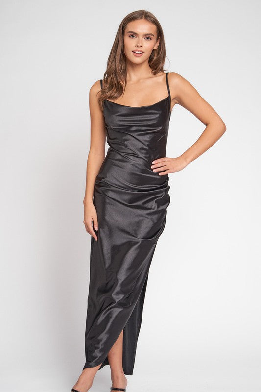 COWL NECK SIDE SLIT MAXI DRESS