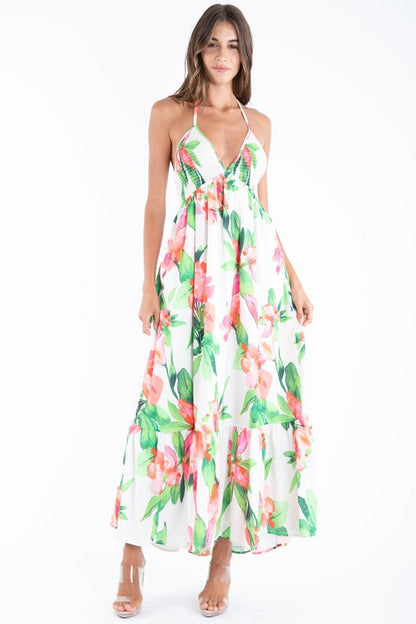 FLOWER PRINT HALTER NECK OPEN BACK TIE MIDI DRESS