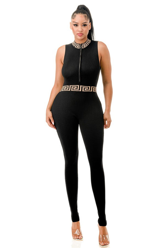 MONOGRAM PATTERN SEEVLESS KNIT JUMPSUIT