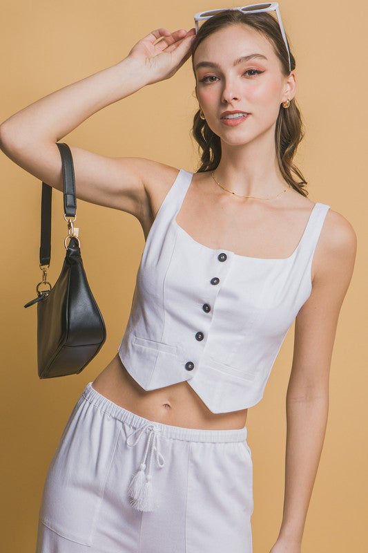 LINEN CROPPED BUTTON-FRONT TOP & PANTS SET