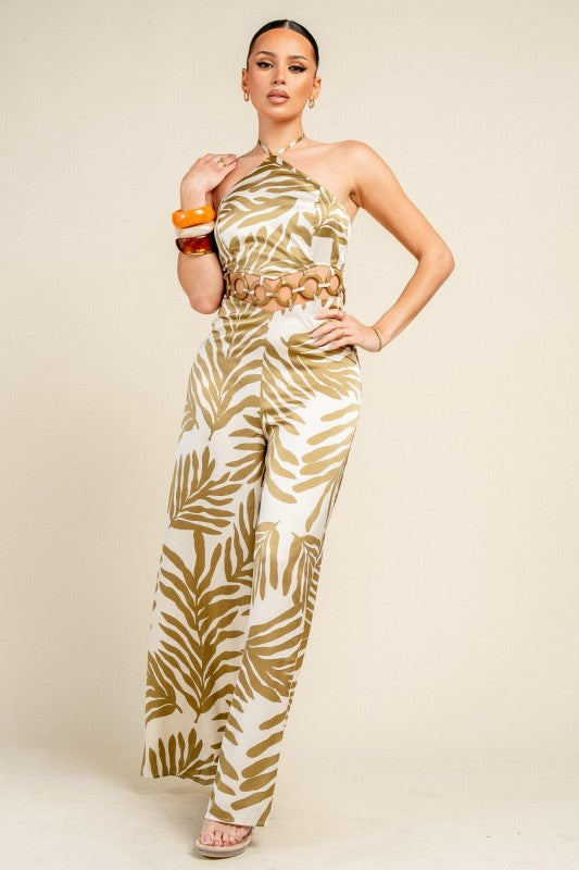SATIN PRINT W/ WAIST RING TRIM JUMPSUIT