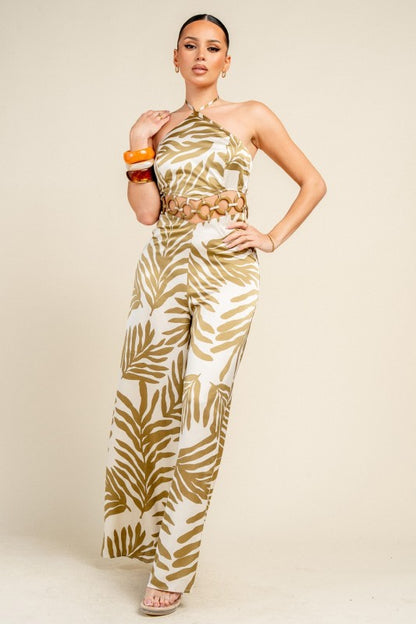 SATIN PRINT W/ WAIST RING TRIM JUMPSUIT